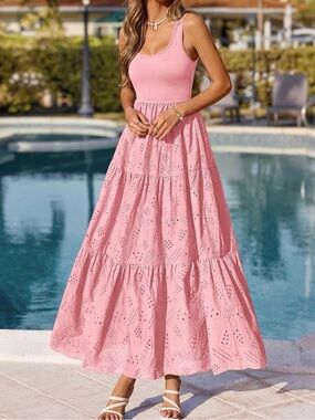 Sleeveless Pink Eyelet Maxi Dress - Women's Summer Dress
